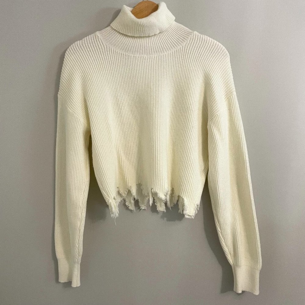Distressed Cream Turtleneck Sweater